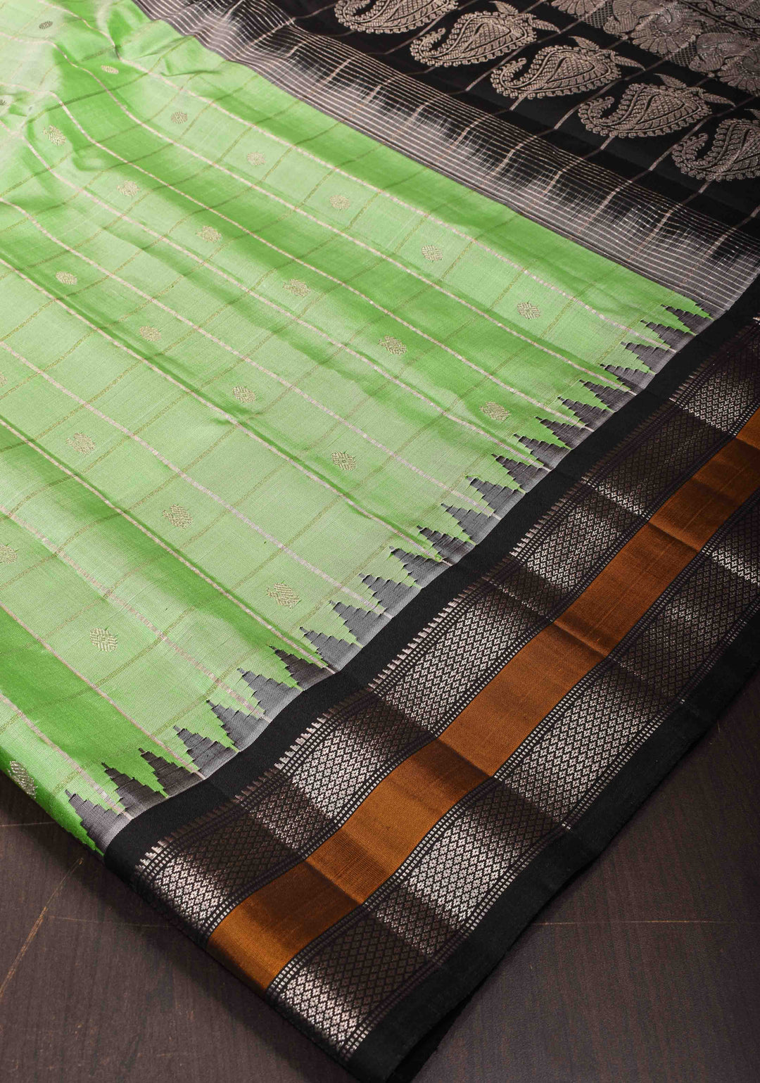 Pista Green Gadwal Pure Silk Saree with Zari Checks, Buttas and Contrast Border  | SILK MARK CERTIFIED
