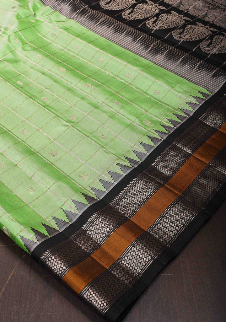 Pista Green Gadwal Pure Silk Saree with Zari Checks, Buttas and Contrast Border  | SILK MARK CERTIFIED