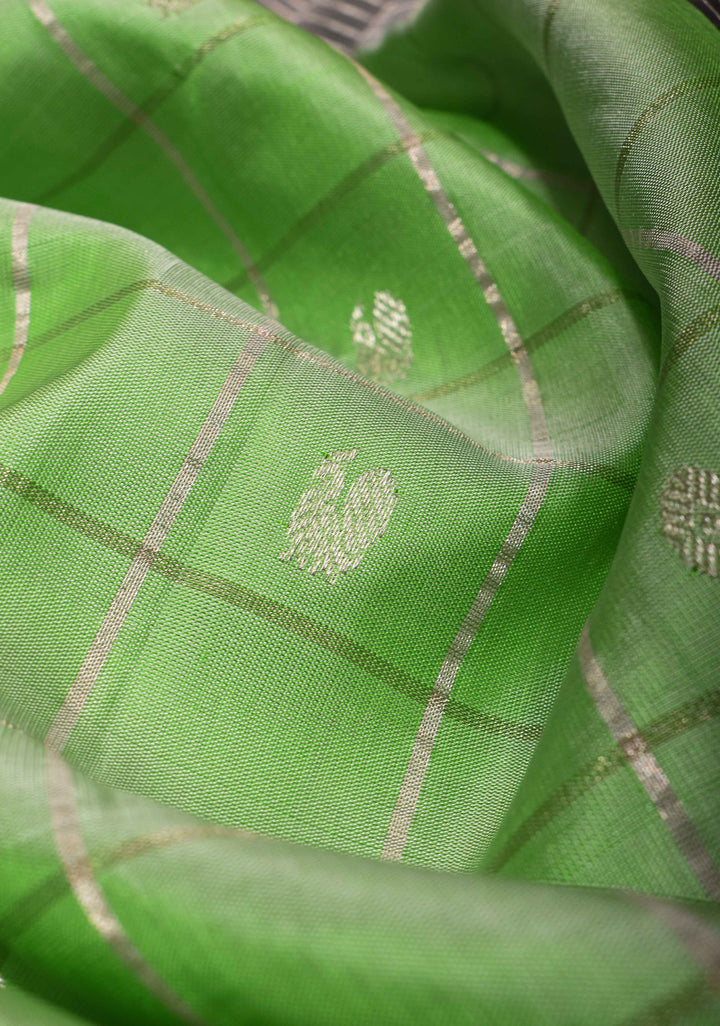Pista Green Gadwal Pure Silk Saree with Zari Checks, Buttas and Contrast Border  | SILK MARK CERTIFIED