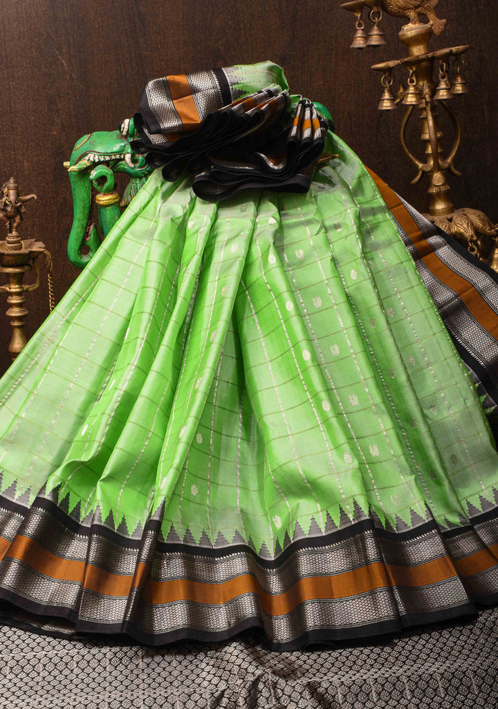 Pista Green Gadwal Pure Silk Saree with Zari Checks, Buttas and Contrast Border  | SILK MARK CERTIFIED