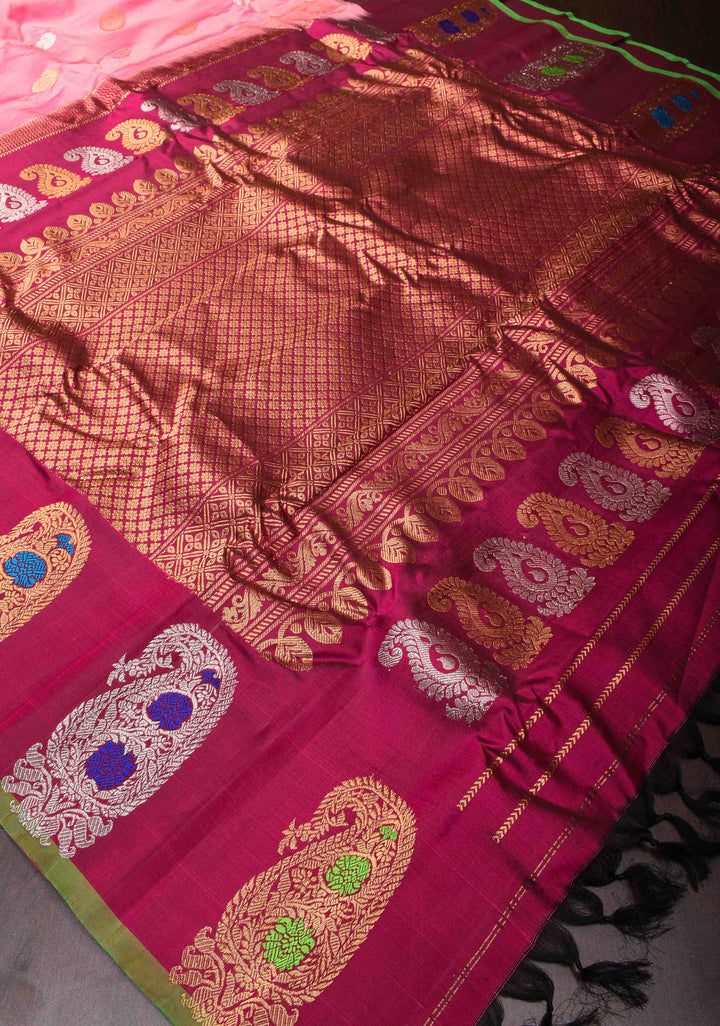Rose Pink Gadwal Pure Silk Saree with Sona Rupa Buttas and Distinct Meenakari Paisley Buttas on Border | SILK MARK CERTIFIED