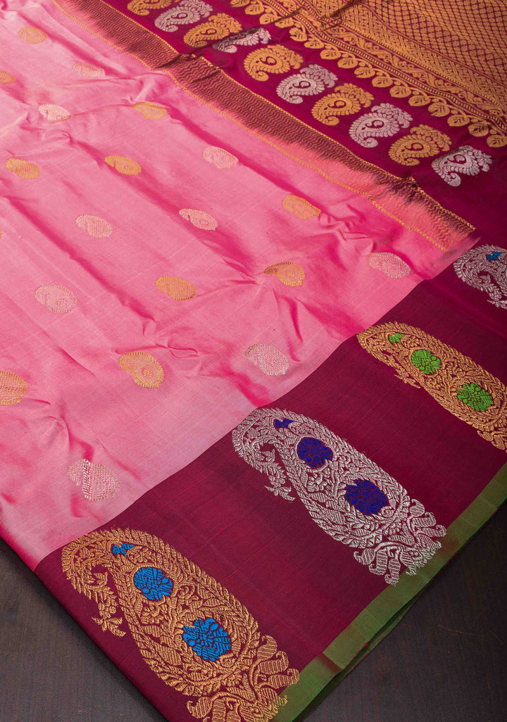Rose Pink Gadwal Pure Silk Saree with Sona Rupa Buttas and Distinct Meenakari Paisley Buttas on Border | SILK MARK CERTIFIED