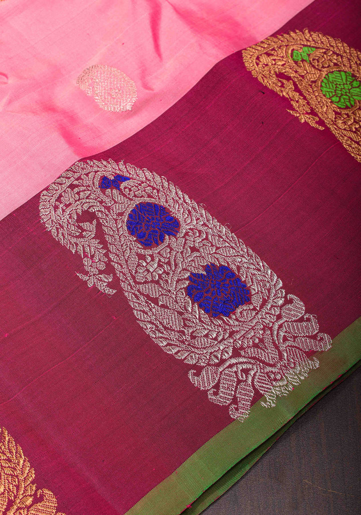 Rose Pink Gadwal Pure Silk Saree with Sona Rupa Buttas and Distinct Meenakari Paisley Buttas on Border | SILK MARK CERTIFIED
