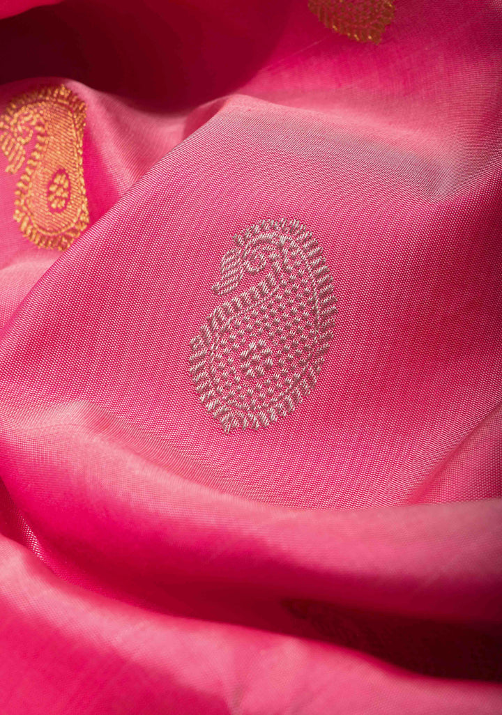 Rose Pink Gadwal Pure Silk Saree with Sona Rupa Buttas and Distinct Meenakari Paisley Buttas on Border | SILK MARK CERTIFIED