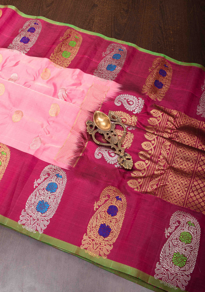 Rose Pink Gadwal Pure Silk Saree with Sona Rupa Buttas and Distinct Meenakari Paisley Buttas on Border | SILK MARK CERTIFIED