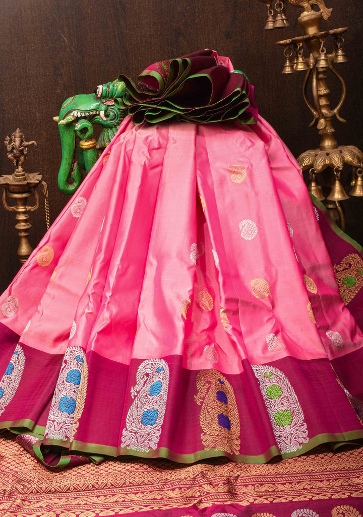 Rose Pink Gadwal Pure Silk Saree with Sona Rupa Buttas and Distinct Meenakari Paisley Buttas on Border | SILK MARK CERTIFIED