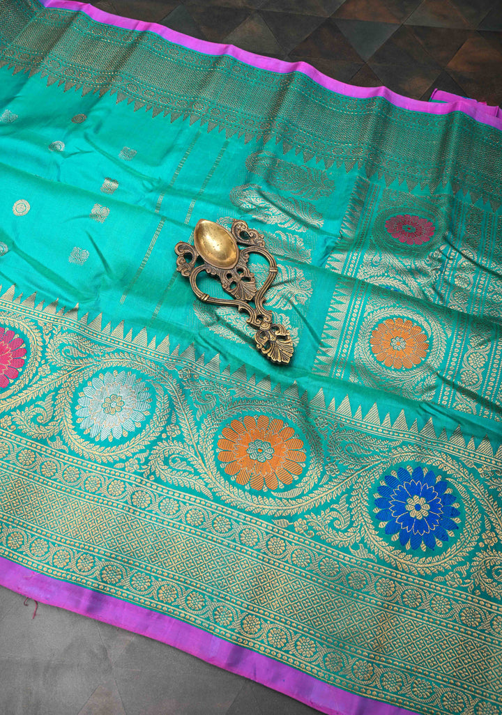 Greenish Cyan Gadwal Pure Silk Saree with Sona Rupa Buttas and Meenakari Zari Border, Pallu | SILK MARK CERTIFIED