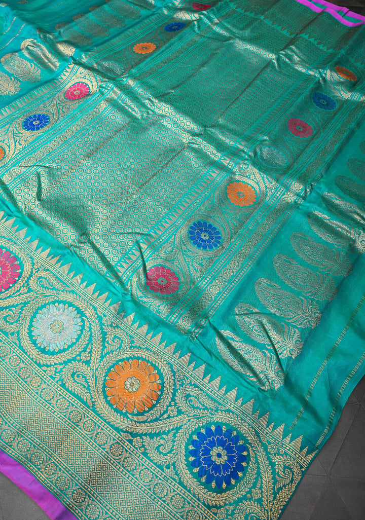 Greenish Cyan Gadwal Pure Silk Saree with Sona Rupa Buttas and Meenakari Zari Border, Pallu | SILK MARK CERTIFIED