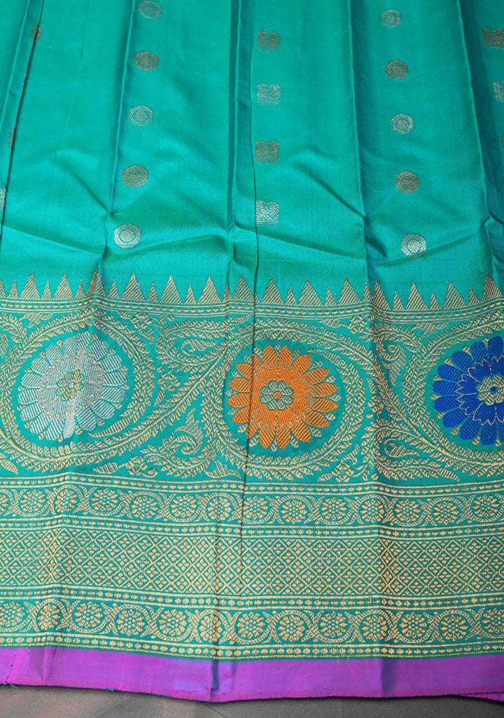 Greenish Cyan Gadwal Pure Silk Saree with Sona Rupa Buttas and Meenakari Zari Border, Pallu | SILK MARK CERTIFIED