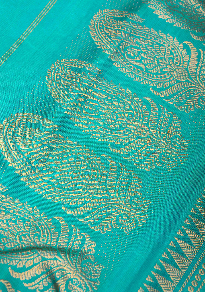 Greenish Cyan Gadwal Pure Silk Saree with Sona Rupa Buttas and Meenakari Zari Border, Pallu | SILK MARK CERTIFIED