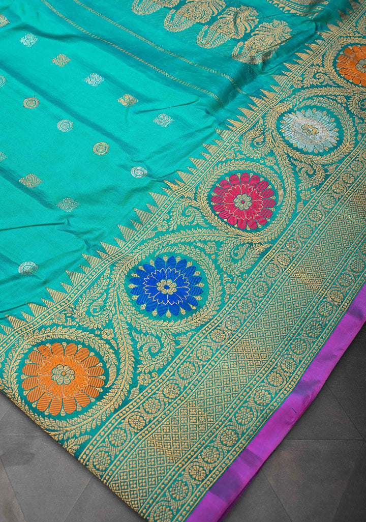 Greenish Cyan Gadwal Pure Silk Saree with Sona Rupa Buttas and Meenakari Zari Border, Pallu | SILK MARK CERTIFIED