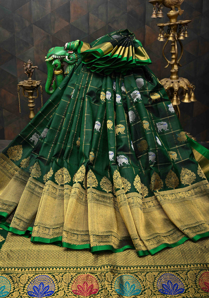 Dark Green Checks Gadwal Pure Silk Saree with Meenakari Buttas and Zari Border | SILK MARK CERTIFIED