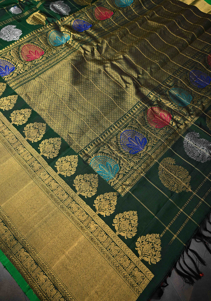 Dark Green Checks Gadwal Pure Silk Saree with Meenakari Buttas and Zari Border | SILK MARK CERTIFIED