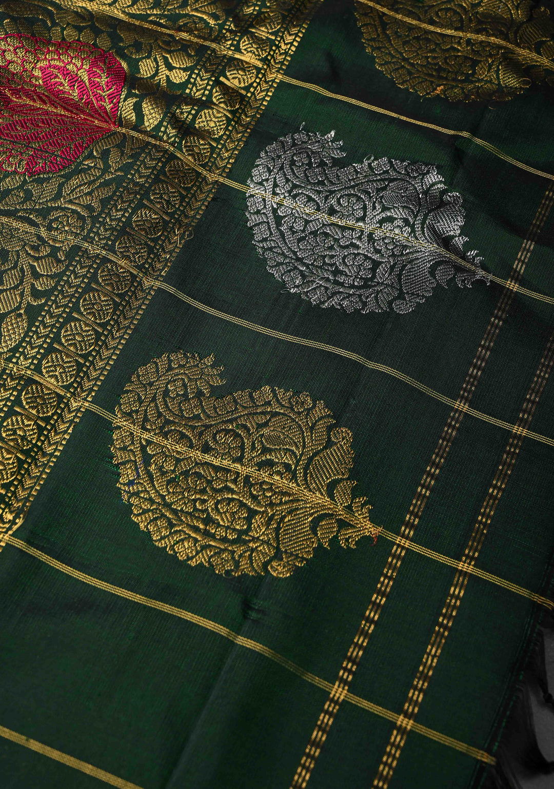 Dark Green Checks Gadwal Pure Silk Saree with Meenakari Buttas and Zari Border | SILK MARK CERTIFIED