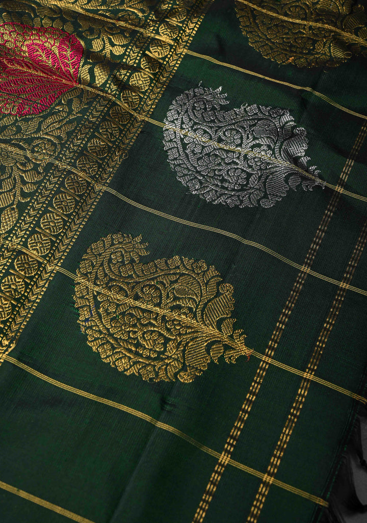 Dark Green Checks Gadwal Pure Silk Saree with Meenakari Buttas and Zari Border | SILK MARK CERTIFIED