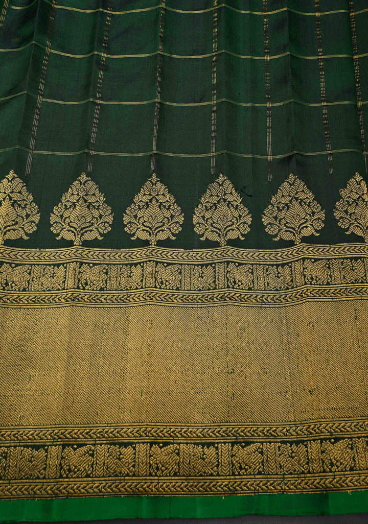Dark Green Checks Gadwal Pure Silk Saree with Meenakari Buttas and Zari Border | SILK MARK CERTIFIED