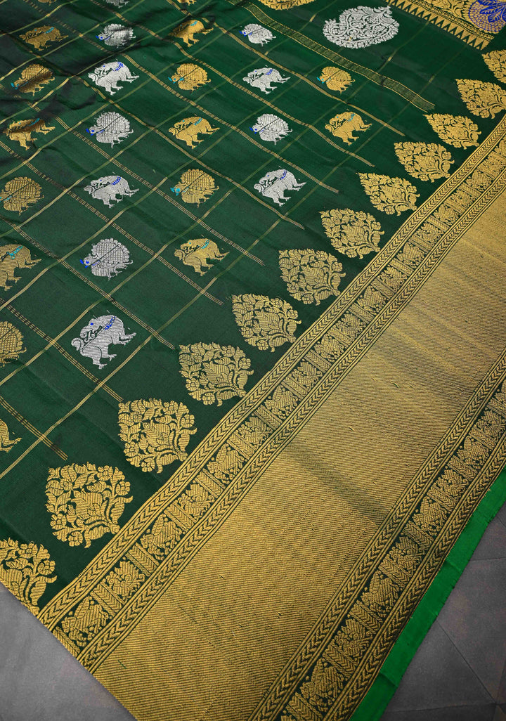 Dark Green Checks Gadwal Pure Silk Saree with Meenakari Buttas and Zari Border | SILK MARK CERTIFIED