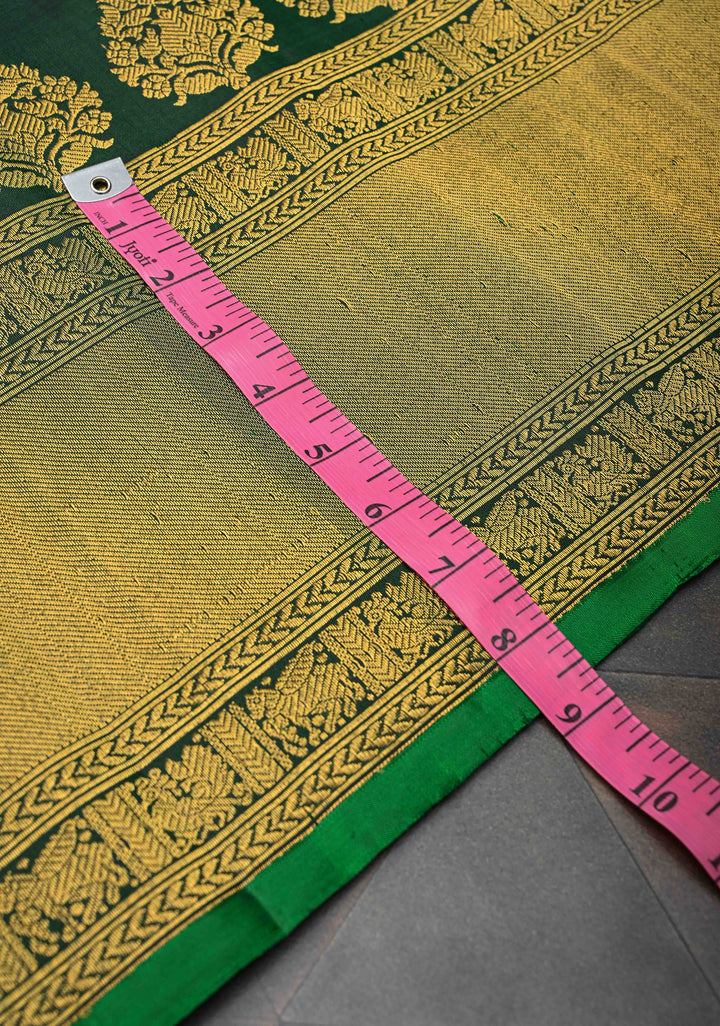 Dark Green Checks Gadwal Pure Silk Saree with Meenakari Buttas and Zari Border | SILK MARK CERTIFIED