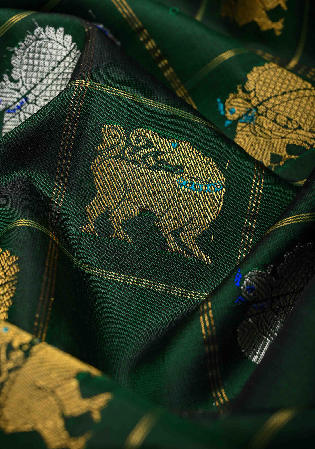 Dark Green Checks Gadwal Pure Silk Saree with Meenakari Buttas and Zari Border | SILK MARK CERTIFIED