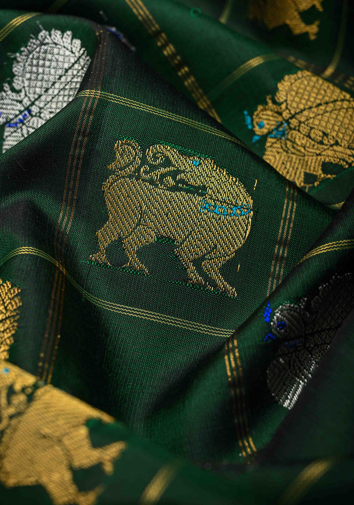 Dark Green Checks Gadwal Pure Silk Saree with Meenakari Buttas and Zari Border | SILK MARK CERTIFIED