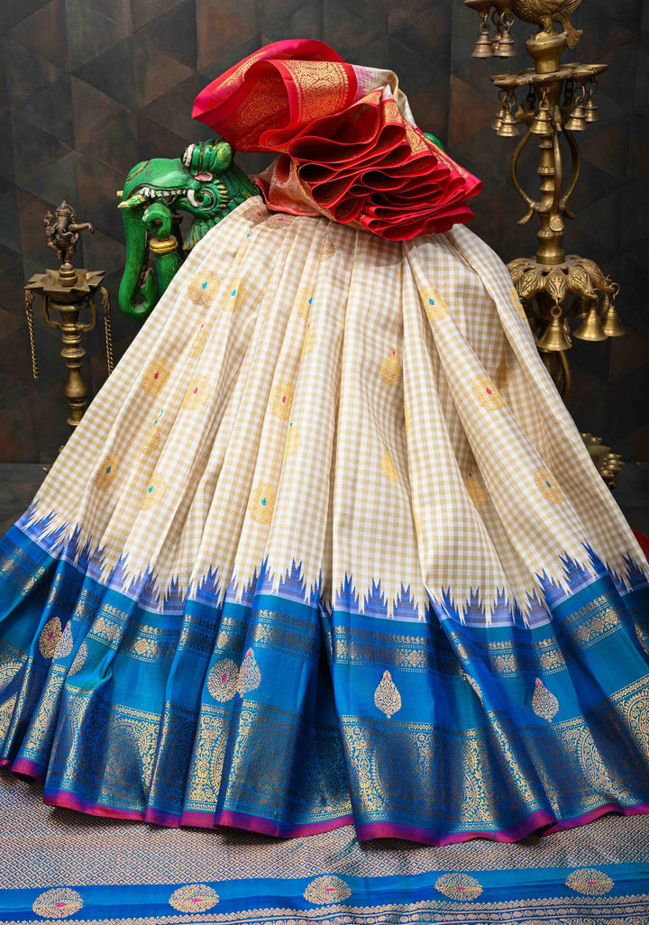 Beige Korvai Gadwal Pure Silk Saree with Meenakari Buttas and Ganga Jamuna Border | SILK MARK CERTIFIED