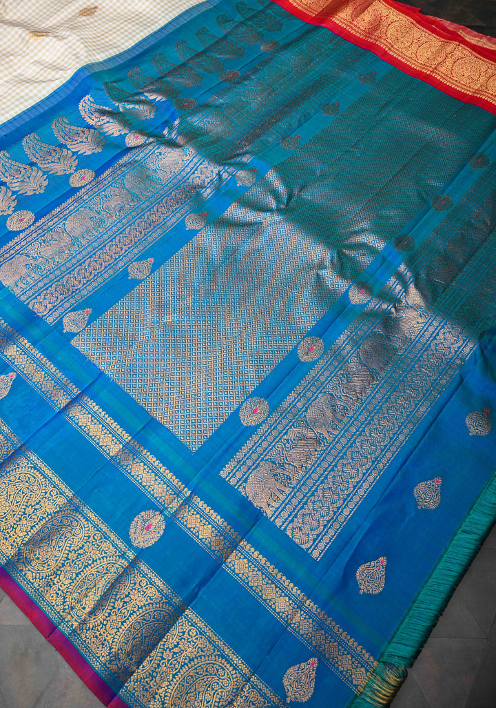 Beige Korvai Gadwal Pure Silk Saree with Meenakari Buttas and Ganga Jamuna Border | SILK MARK CERTIFIED