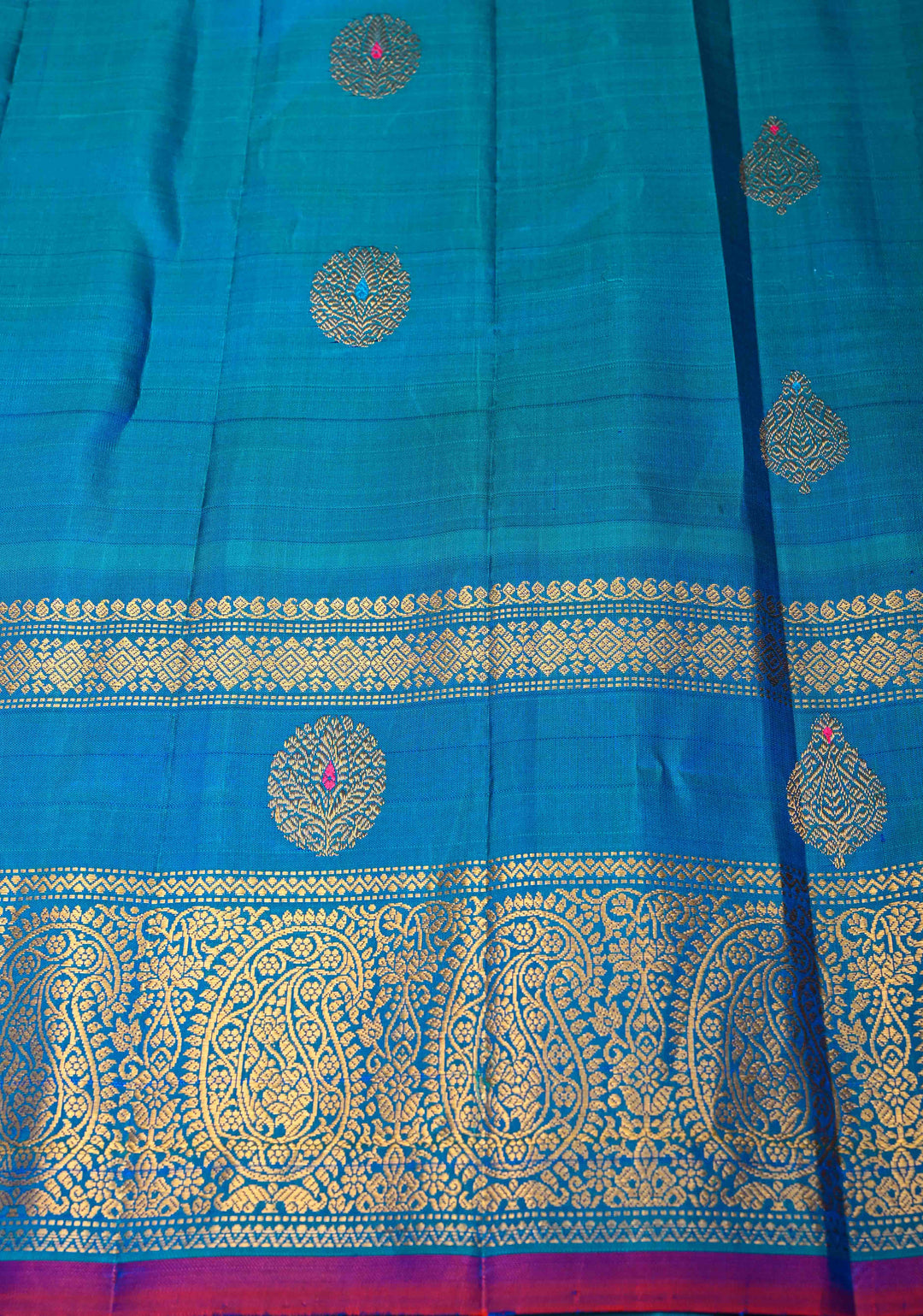 Beige Korvai Gadwal Pure Silk Saree with Meenakari Buttas and Ganga Jamuna Border | SILK MARK CERTIFIED