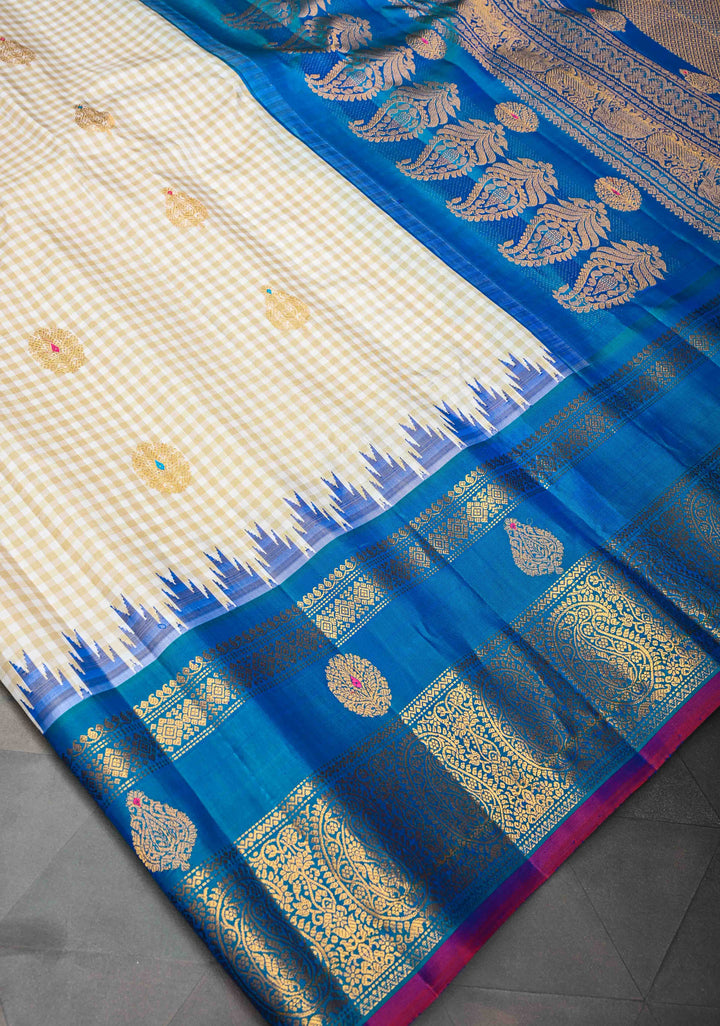 Beige Korvai Gadwal Pure Silk Saree with Meenakari Buttas and Ganga Jamuna Border | SILK MARK CERTIFIED