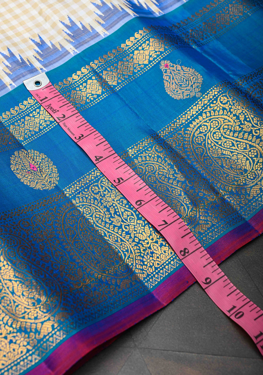 Beige Korvai Gadwal Pure Silk Saree with Meenakari Buttas and Ganga Jamuna Border | SILK MARK CERTIFIED