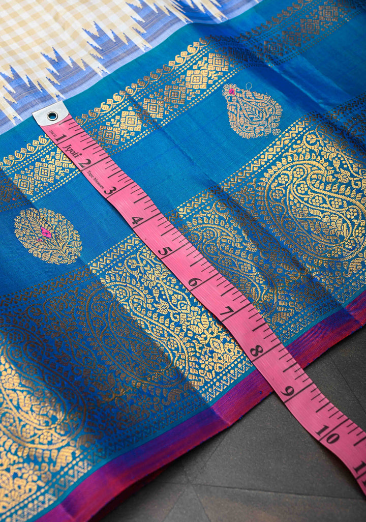 Beige Korvai Gadwal Pure Silk Saree with Meenakari Buttas and Ganga Jamuna Border | SILK MARK CERTIFIED