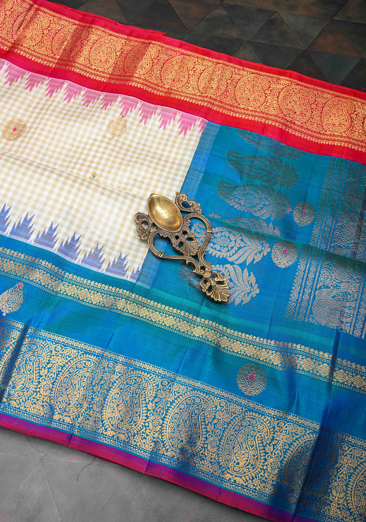 Beige Korvai Gadwal Pure Silk Saree with Meenakari Buttas and Ganga Jamuna Border | SILK MARK CERTIFIED