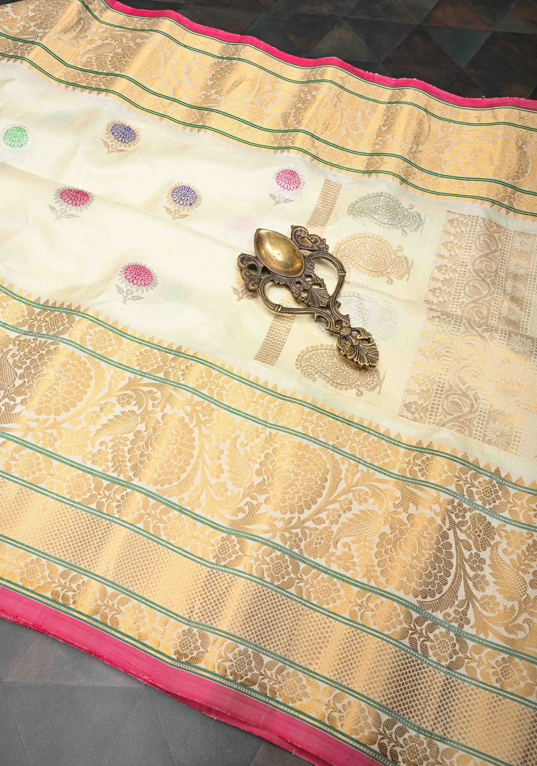 Off White Gadwal Pure Silk Saree with Meenakari Buttas and Zari Border | SILK MARK CERTIFIED
