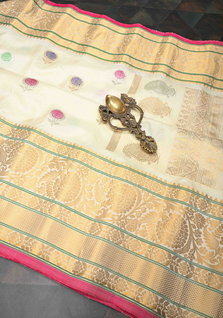 Off White Gadwal Pure Silk Saree with Meenakari Buttas and Zari Border | SILK MARK CERTIFIED