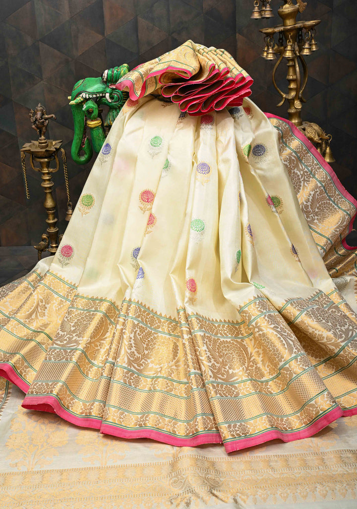 Off White Gadwal Pure Silk Saree with Meenakari Buttas and Zari Border | SILK MARK CERTIFIED