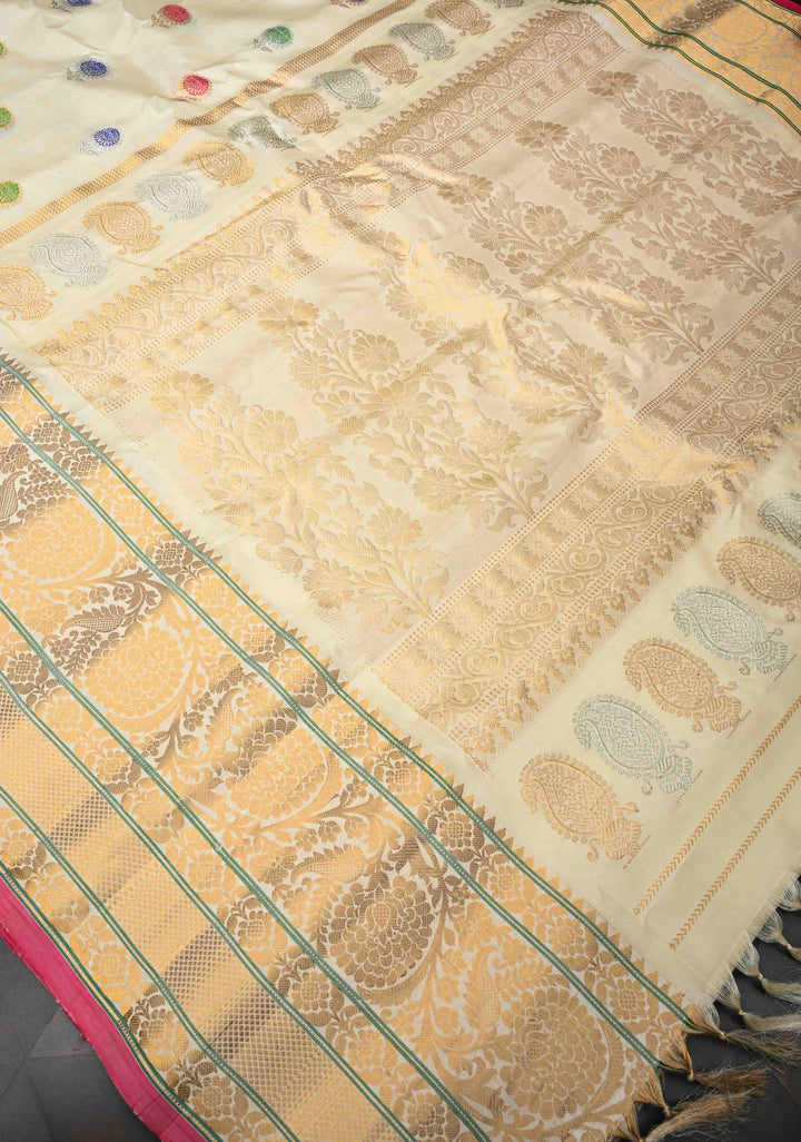 Off White Gadwal Pure Silk Saree with Meenakari Buttas and Zari Border | SILK MARK CERTIFIED