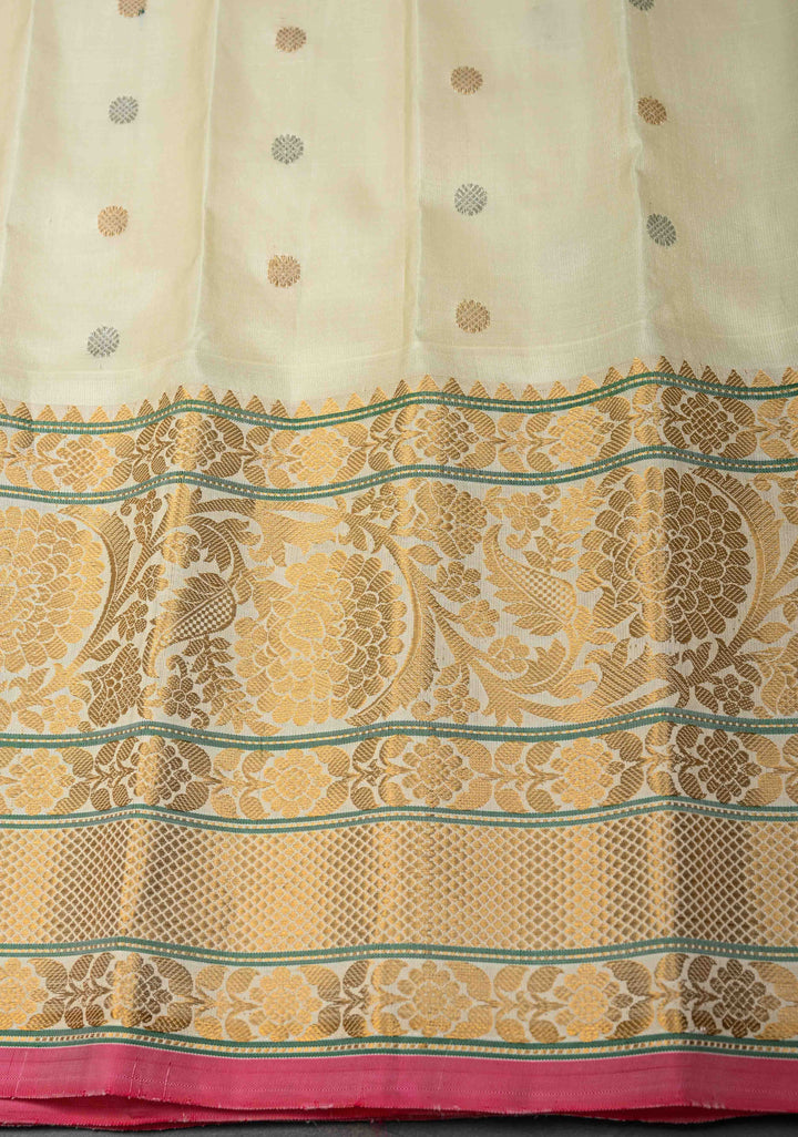 Off White Gadwal Pure Silk Saree with Meenakari Buttas and Zari Border | SILK MARK CERTIFIED