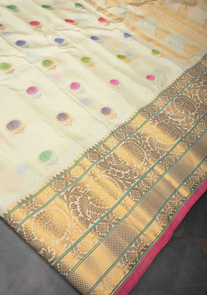 Off White Gadwal Pure Silk Saree with Meenakari Buttas and Zari Border | SILK MARK CERTIFIED