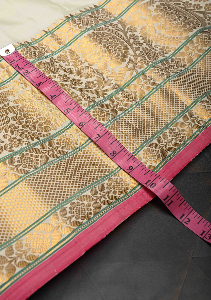 Off White Gadwal Pure Silk Saree with Meenakari Buttas and Zari Border | SILK MARK CERTIFIED