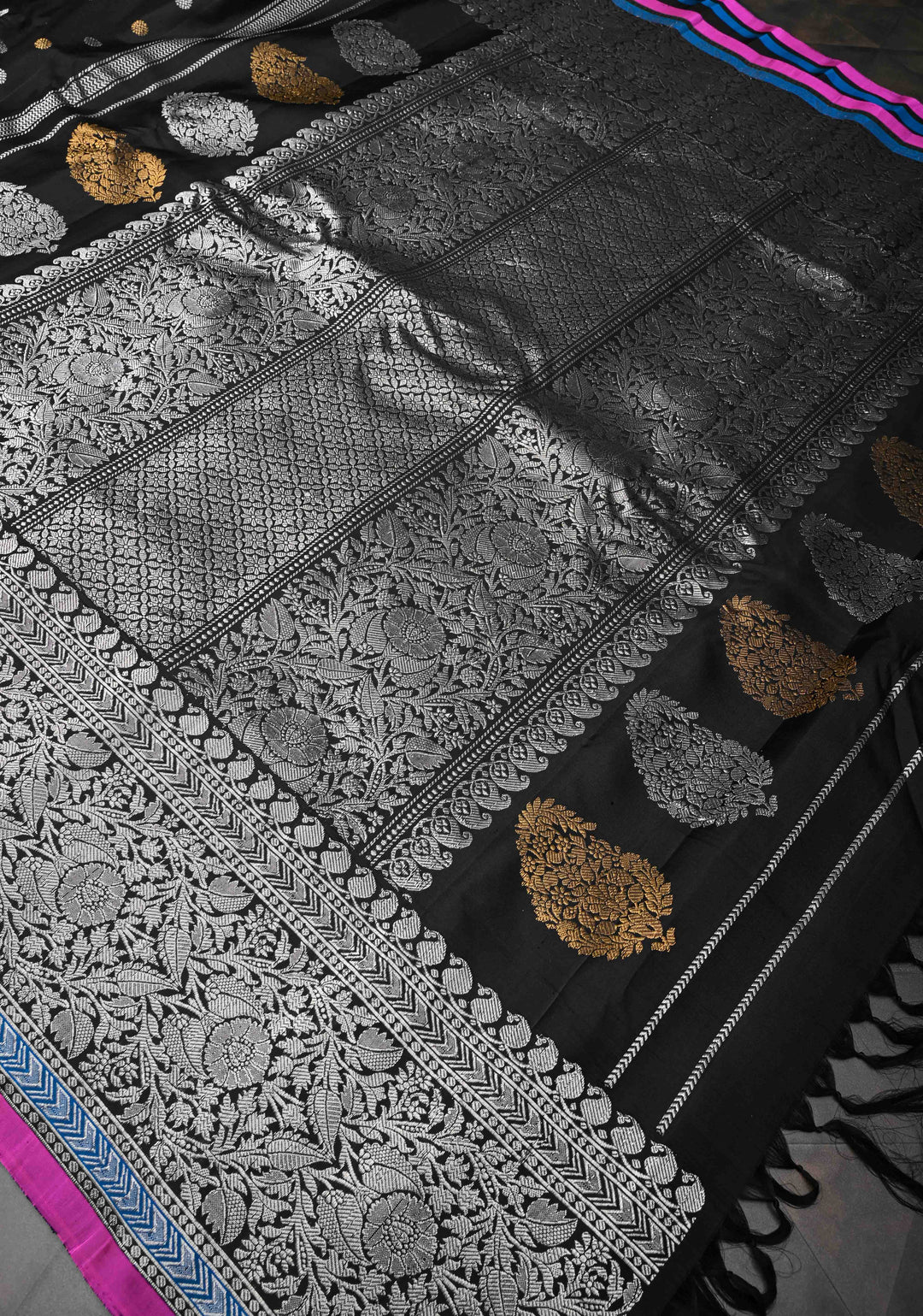 Black Gadwal Pure Silk Saree with Sona Rupa Buttas and Silver Zari Border | SILK MARK CERTIFIED