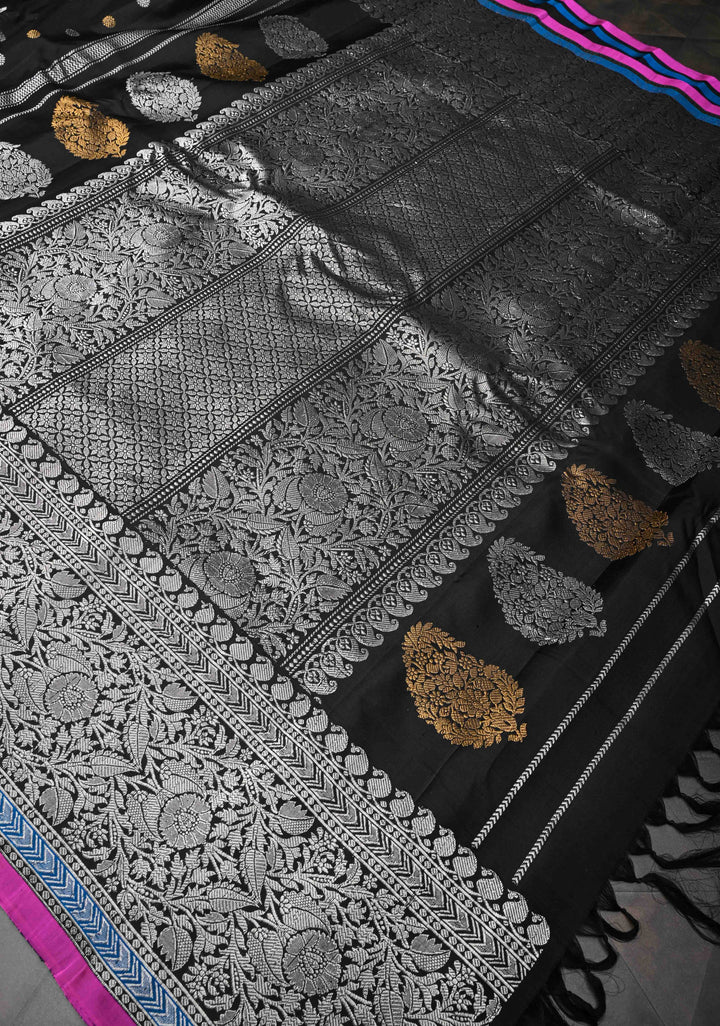 Black Gadwal Pure Silk Saree with Sona Rupa Buttas and Silver Zari Border | SILK MARK CERTIFIED