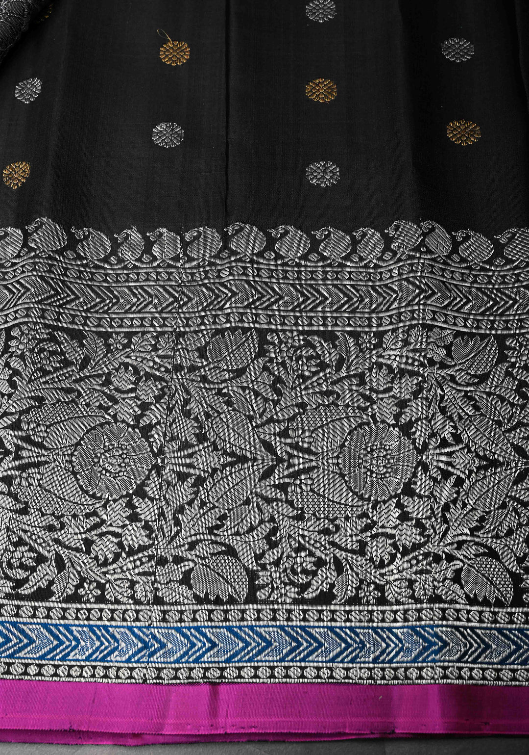 Black Gadwal Pure Silk Saree with Sona Rupa Buttas and Silver Zari Border | SILK MARK CERTIFIED