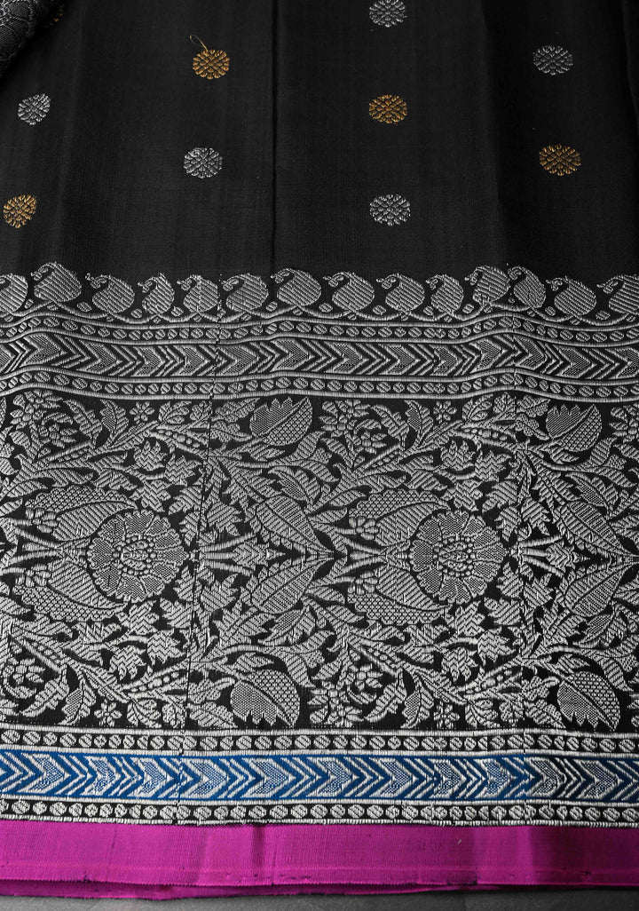 Black Gadwal Pure Silk Saree with Sona Rupa Buttas and Silver Zari Border | SILK MARK CERTIFIED