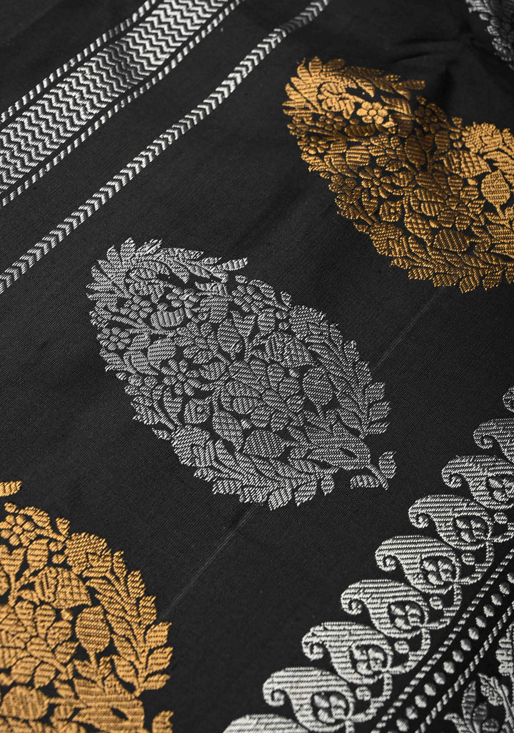 Black Gadwal Pure Silk Saree with Sona Rupa Buttas and Silver Zari Border | SILK MARK CERTIFIED