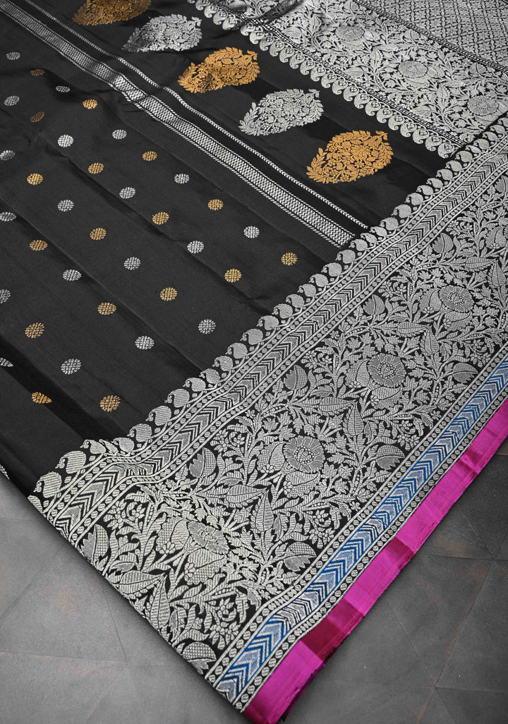 Black Gadwal Pure Silk Saree with Sona Rupa Buttas and Silver Zari Border | SILK MARK CERTIFIED