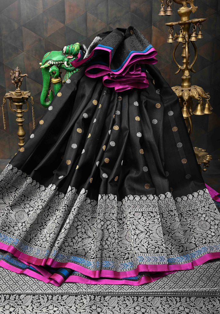 Black Gadwal Pure Silk Saree with Sona Rupa Buttas and Silver Zari Border | SILK MARK CERTIFIED