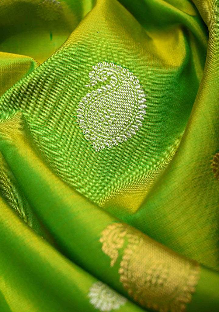 Chartreuse Gadwal Silk Saree with Sona Rupa Buttas and Paithani Style Border | SILK MARK CERTIFIED