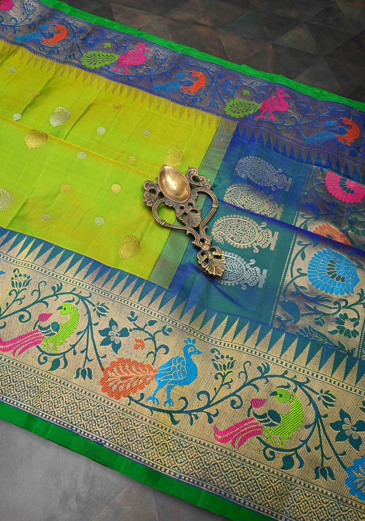 Chartreuse Gadwal Silk Saree with Sona Rupa Buttas and Paithani Style Border | SILK MARK CERTIFIED