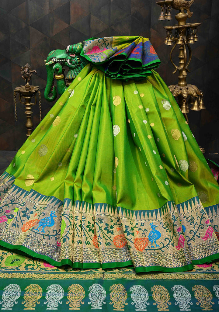Chartreuse Gadwal Silk Saree with Sona Rupa Buttas and Paithani Style Border | SILK MARK CERTIFIED