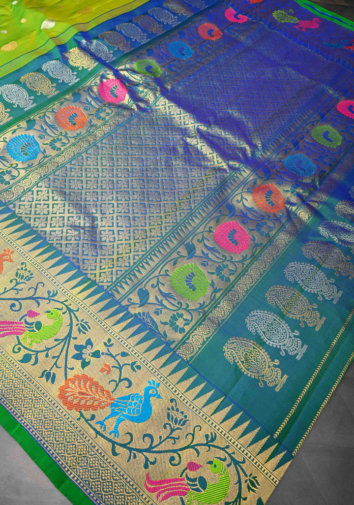 Chartreuse Gadwal Silk Saree with Sona Rupa Buttas and Paithani Style Border | SILK MARK CERTIFIED