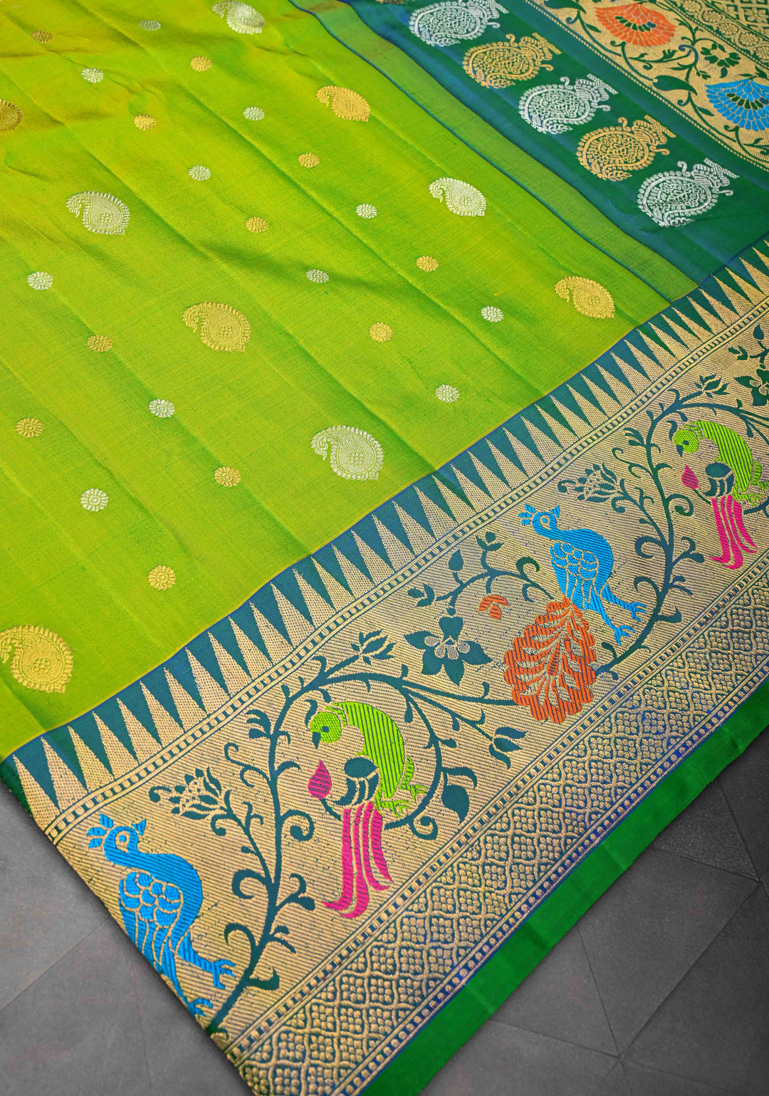 Chartreuse Gadwal Silk Saree with Sona Rupa Buttas and Paithani Style Border | SILK MARK CERTIFIED